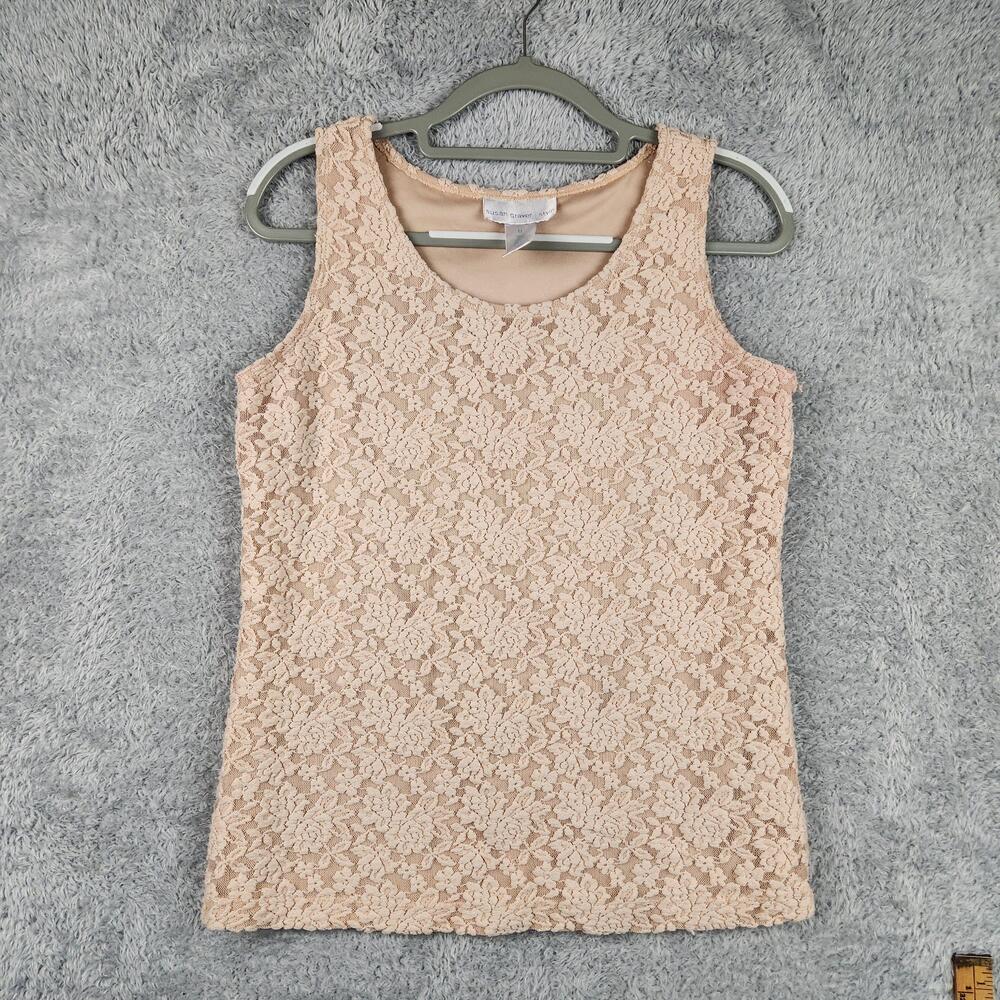 Vintage Susan Graver Tank Top Womens Medium Pink Lace Floral Lined Camisole 90s